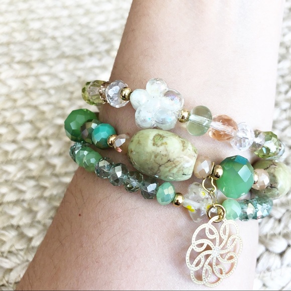 Jewelry - Set of 3 Green Stone and Crystal Bracelets Gold